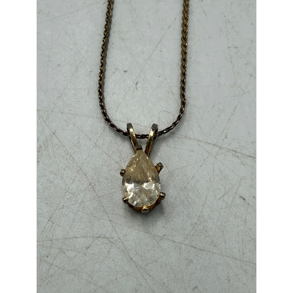 Vintage Gold Tone Teardrop Clear Stone Pendant Necklace 18 Inch Chain